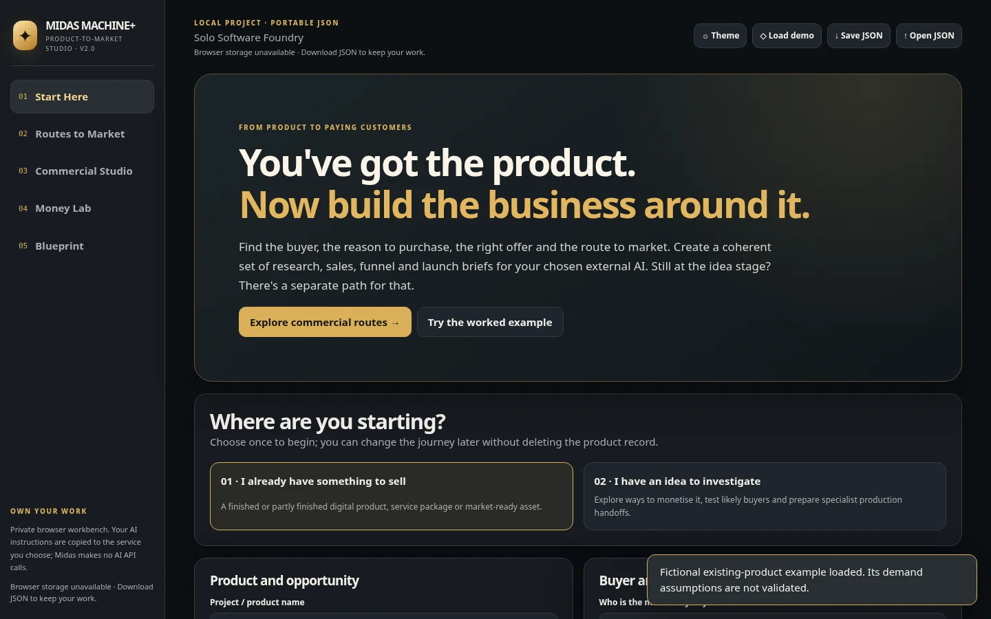 Midas Machine actual product-to-market project workspace
