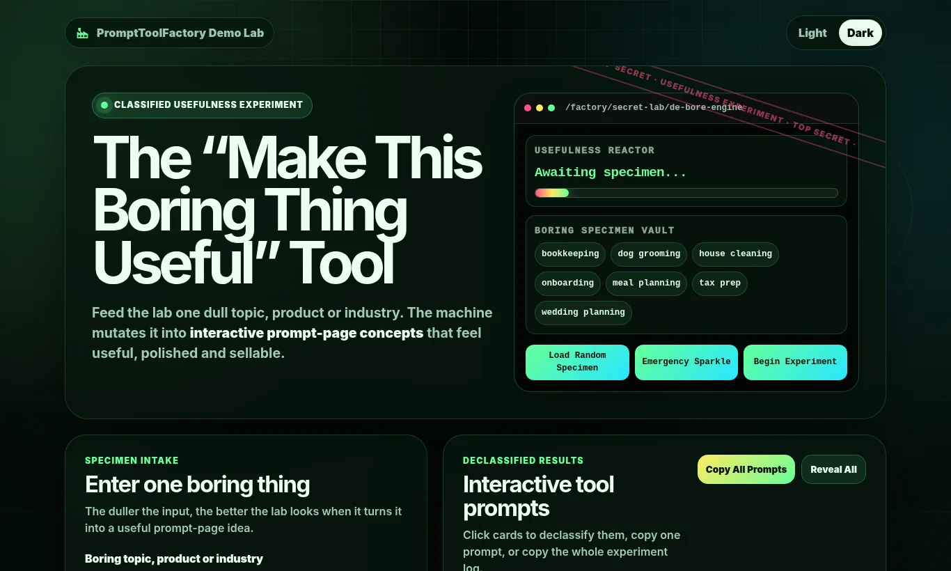 Screenshot of Make This Boring Thing Useful Tool showing its input area and usefulness machine