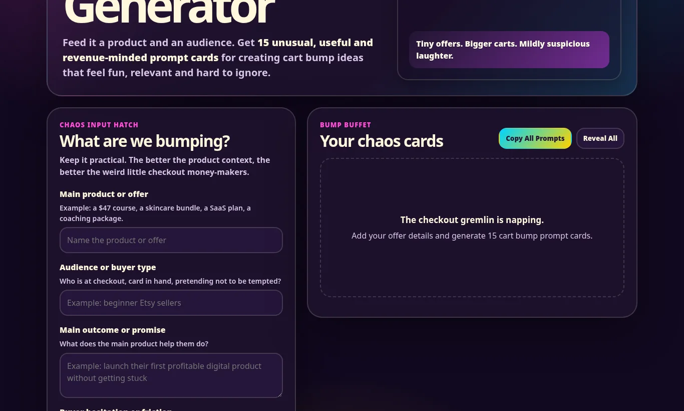 Screenshot showing the Cart Bump Chaos Generator's live form and output areas