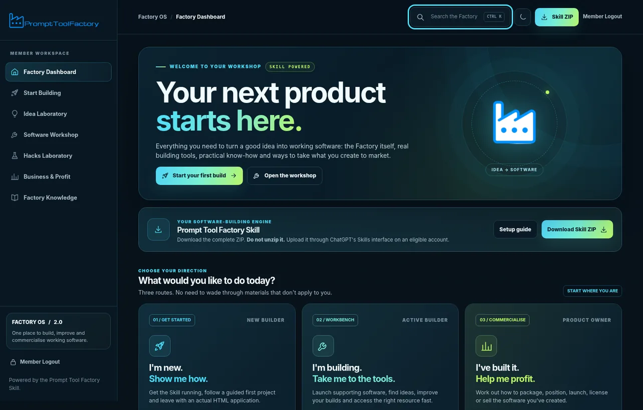 Actual Factory OS member dashboard showing guided beginner, builder and commercial journeys