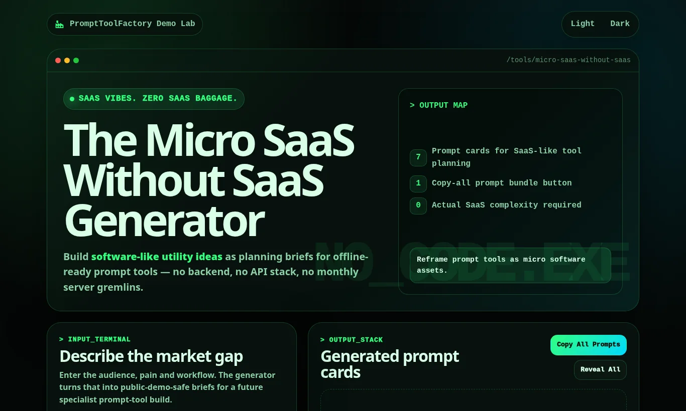 Screenshot of the green terminal-style Micro SaaS Without SaaS Generator