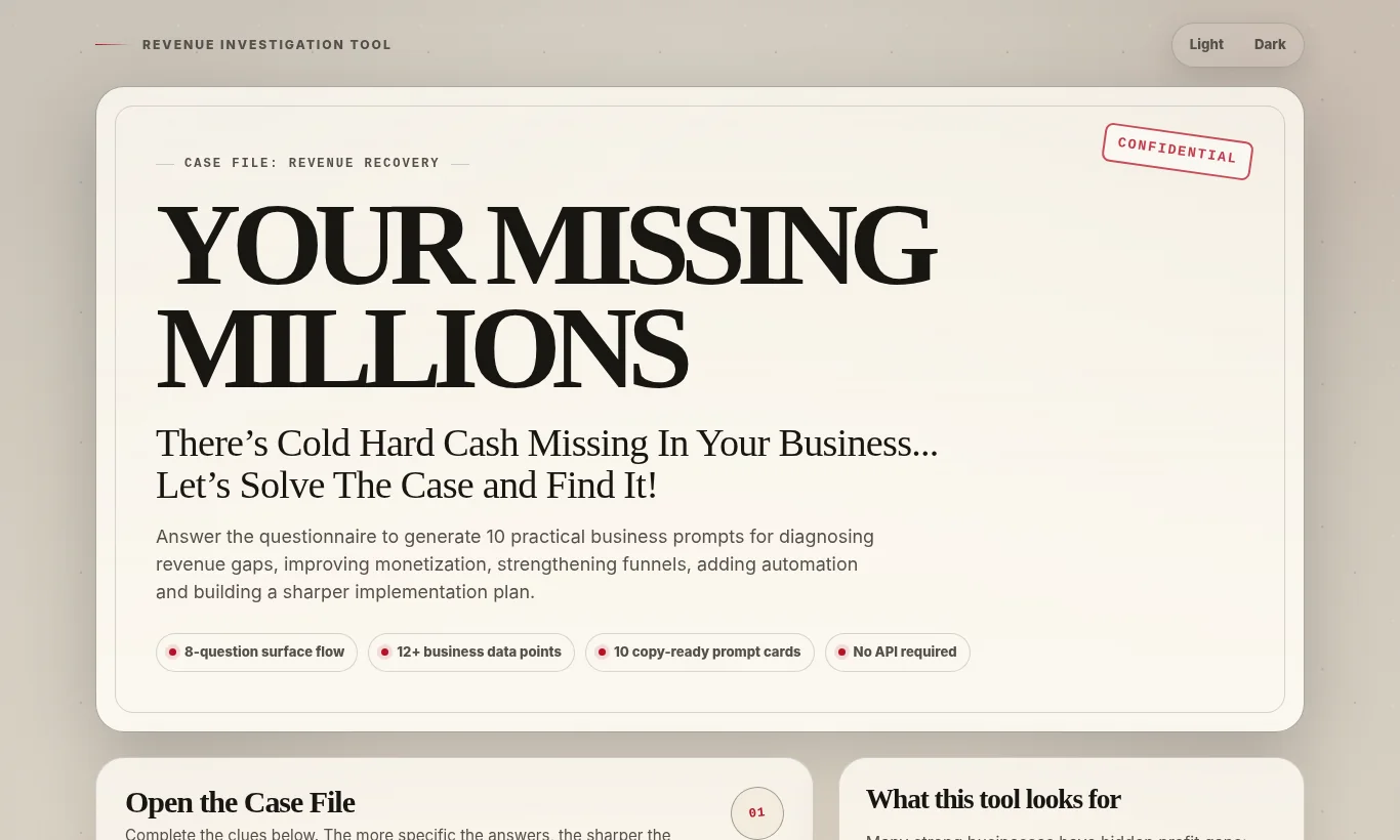 Screenshot of Your Missing Millions styled as a confidential business investigation dossier