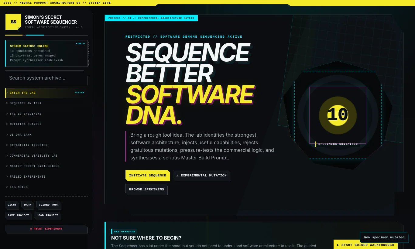 Actual screenshot of Simon's Secret Software Sequencer, a cyberpunk application for exploring software architecture and build prompts