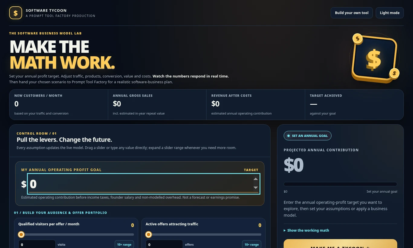 Software Tycoon V2 showing financial levers, live scenario output and business model choices