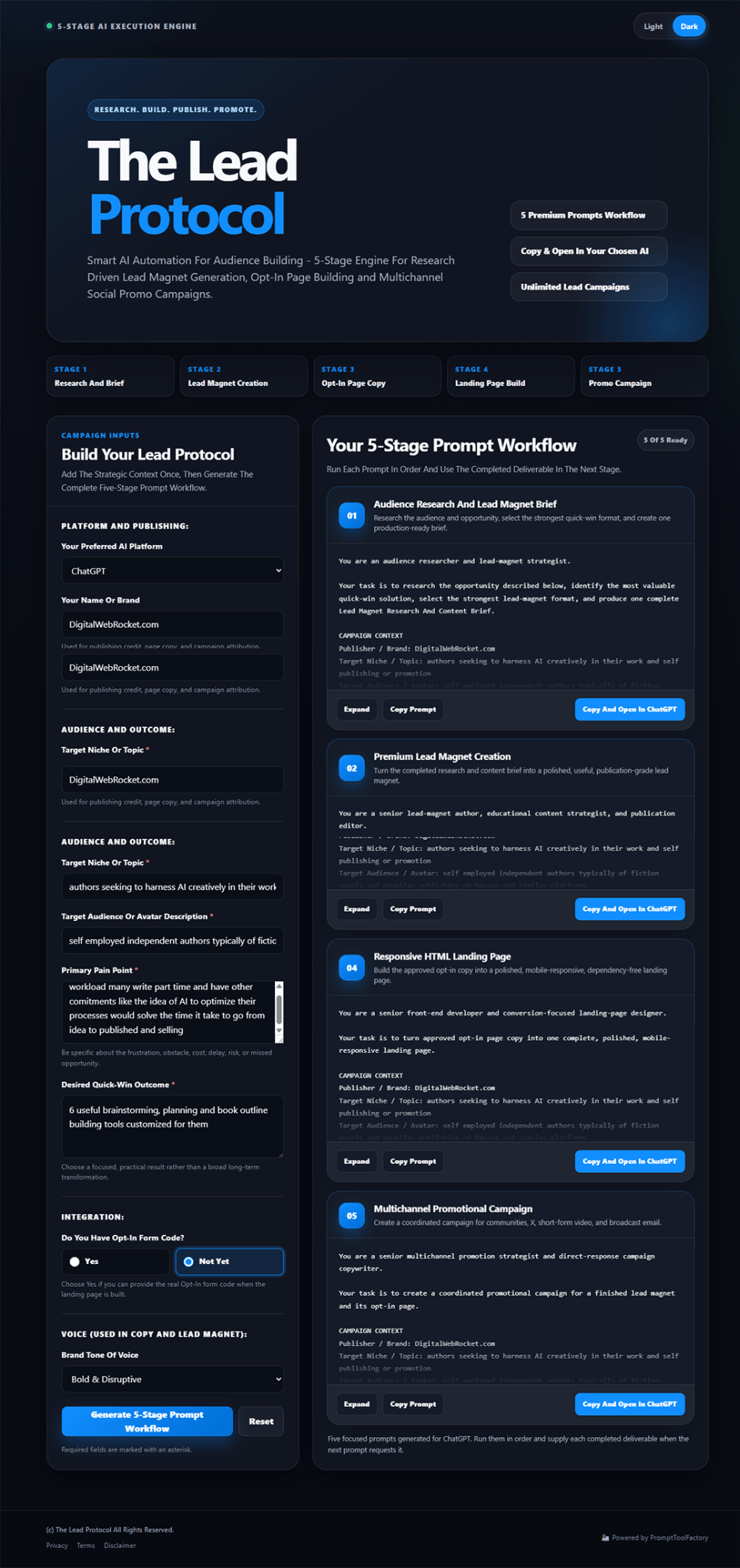 Full-length view of The Lead Protocol campaign input and five-stage prompt workflow interface