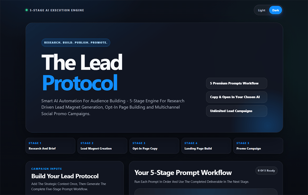 The Lead Protocol five-stage AI execution engine interface